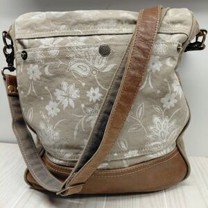 Neutral Floral Canvas Crossbody Bag with Brown Trim